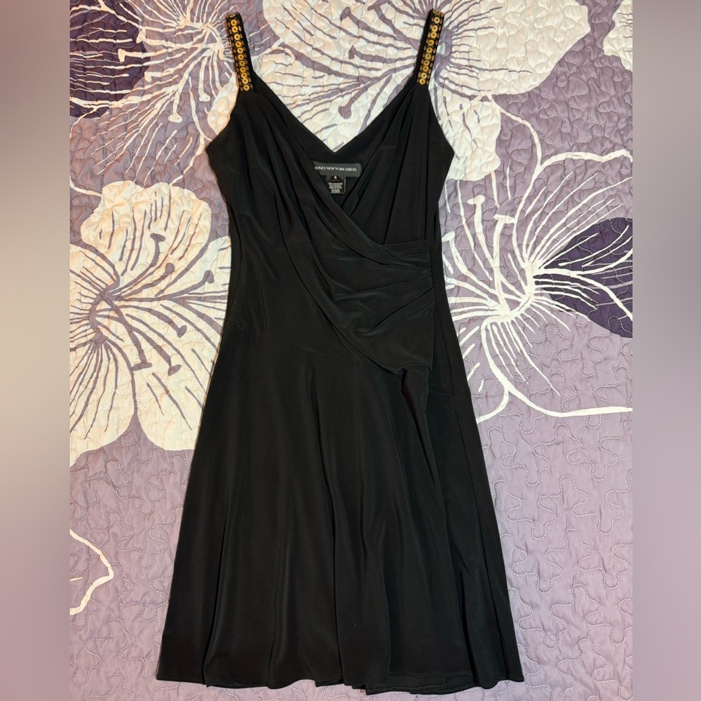 Jones New York Black V-Neck Sleeveless Draped Dress w/ Embellished Straps Size 4
